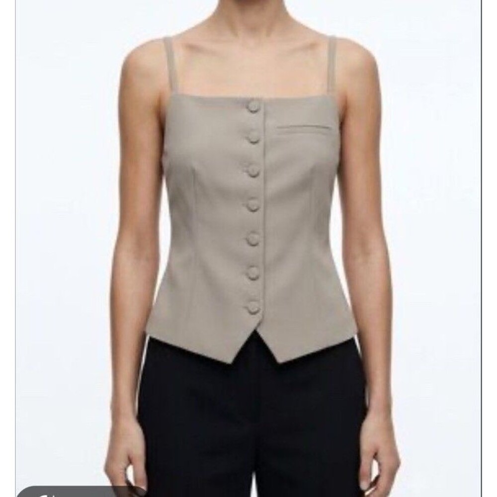 ZARA Tailored Vest Sz L Taupe Neutral Button Front Women’s Preppy